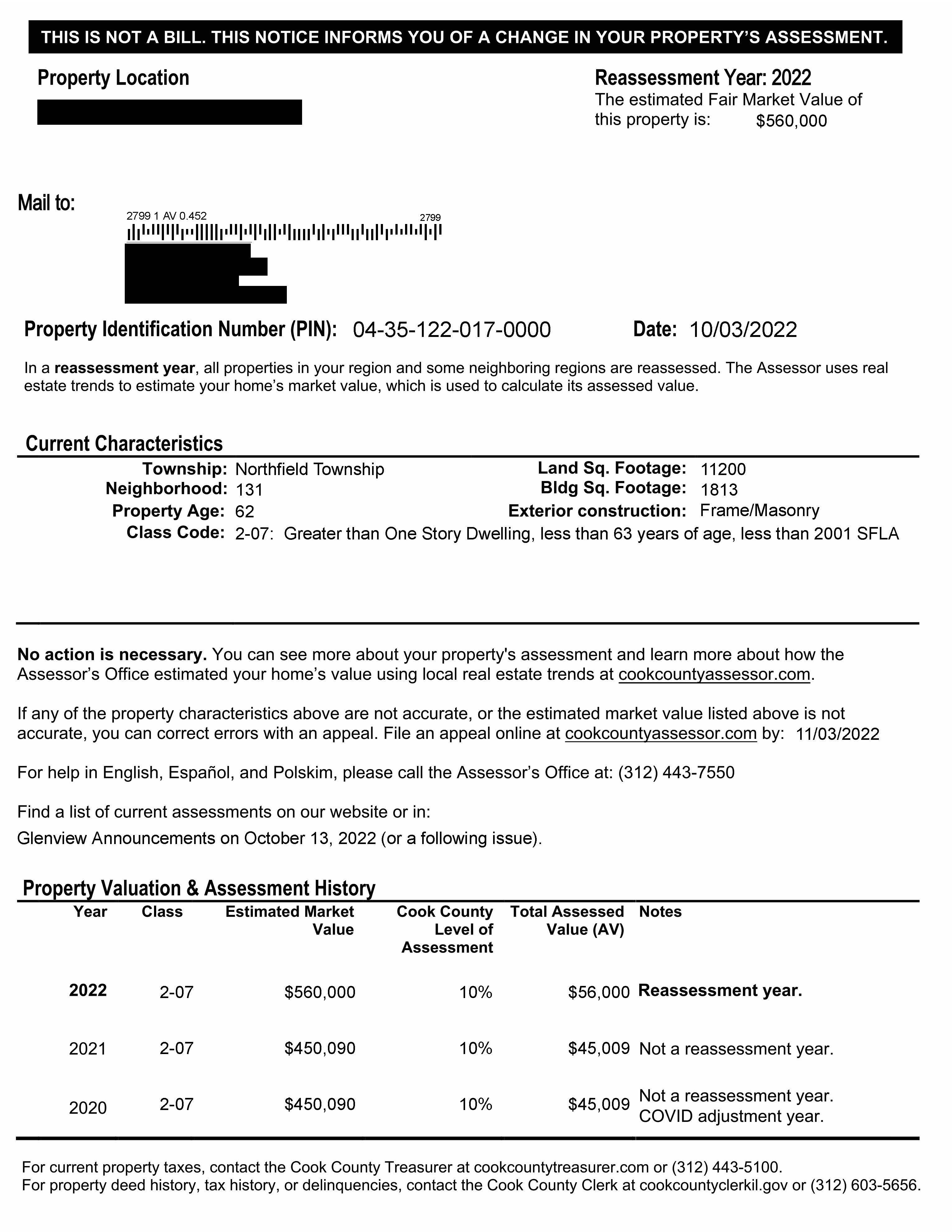 2022 Northfield Township Reassessment Notice Sample
