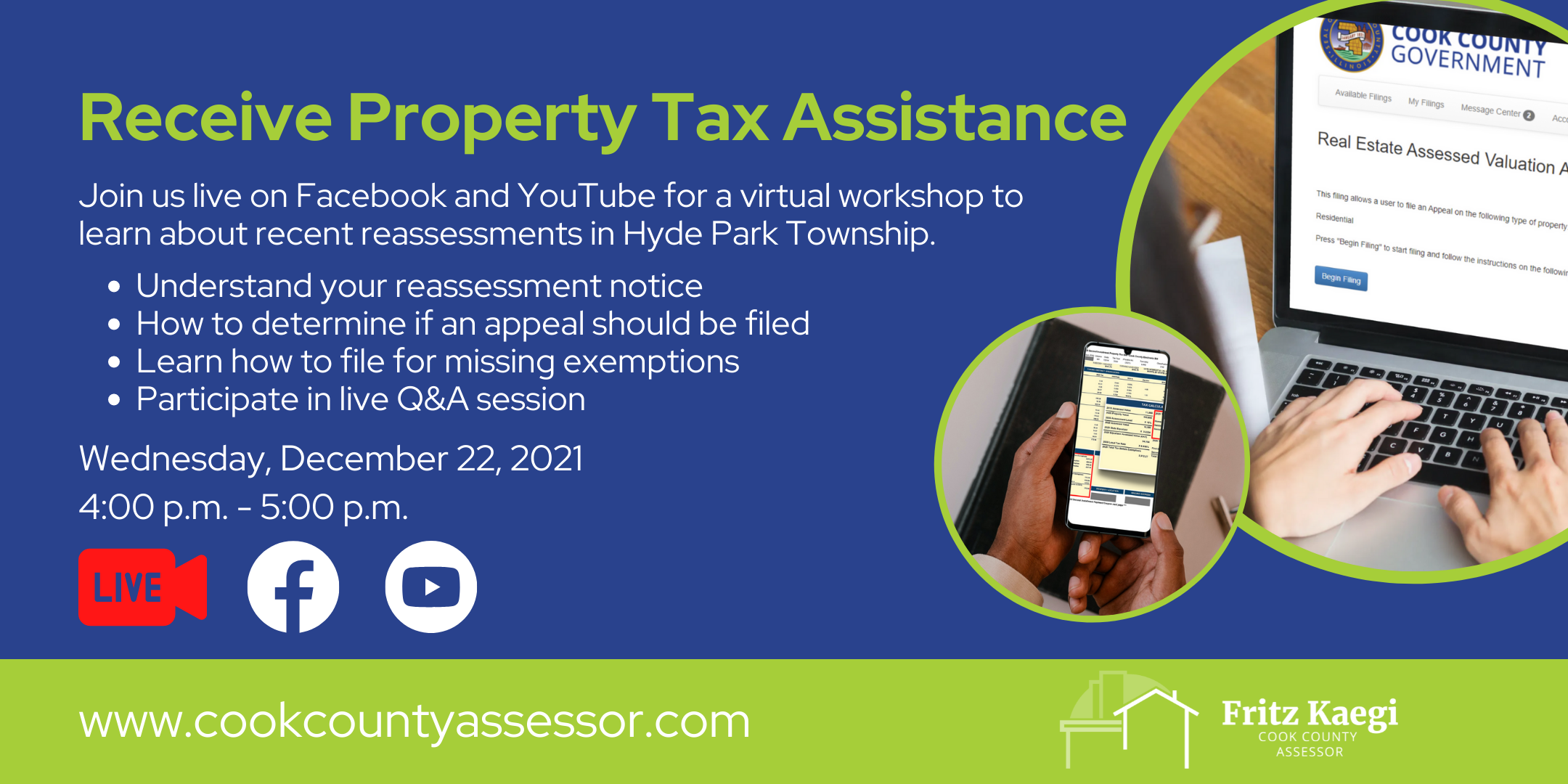Workshop invite to Receive Property Tax Assistance Hyde Park Township December 22, 2021