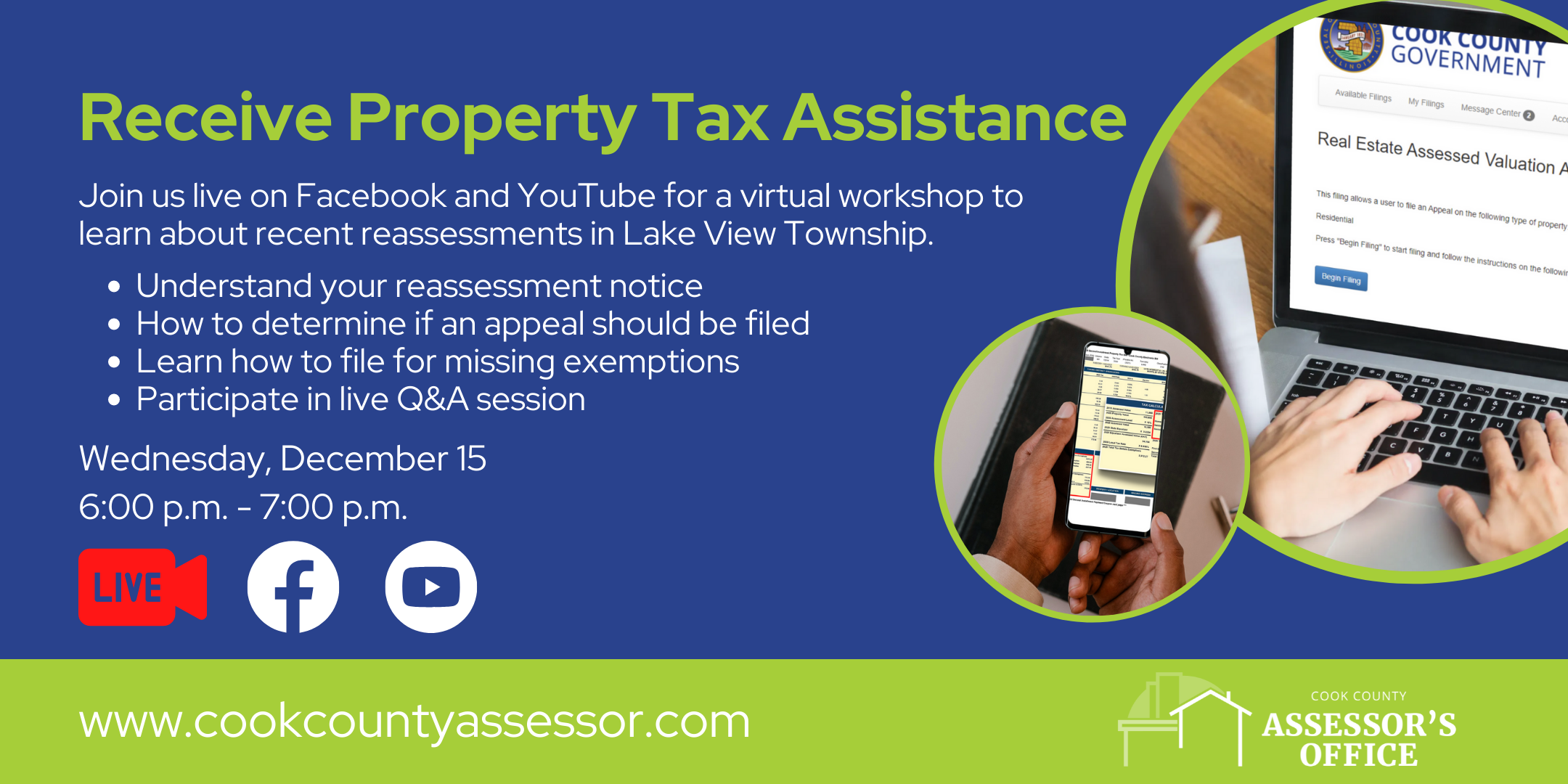 Invite to Property Tax Assistance Workshop for Wednesday, December 15 at 6PM